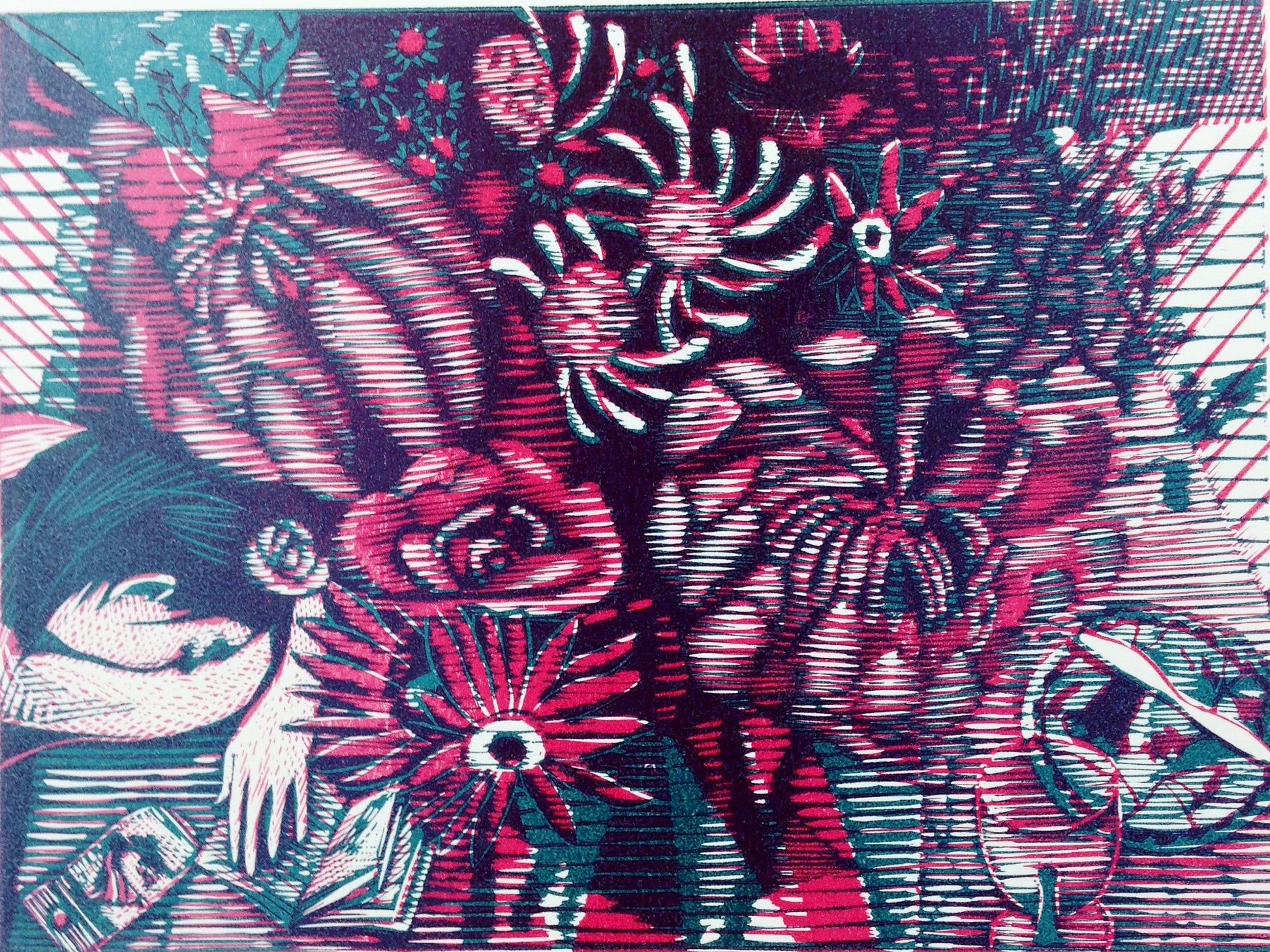 A girl falls asleep below a magnificent bunch of flowers. Her phone and diary are by her side. A wineglass and an empty plate are on the other side of the table.